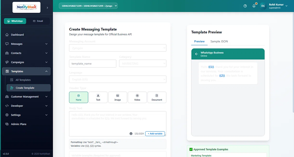 NotiyBlast - Create WhatsApp Template with Live Preview